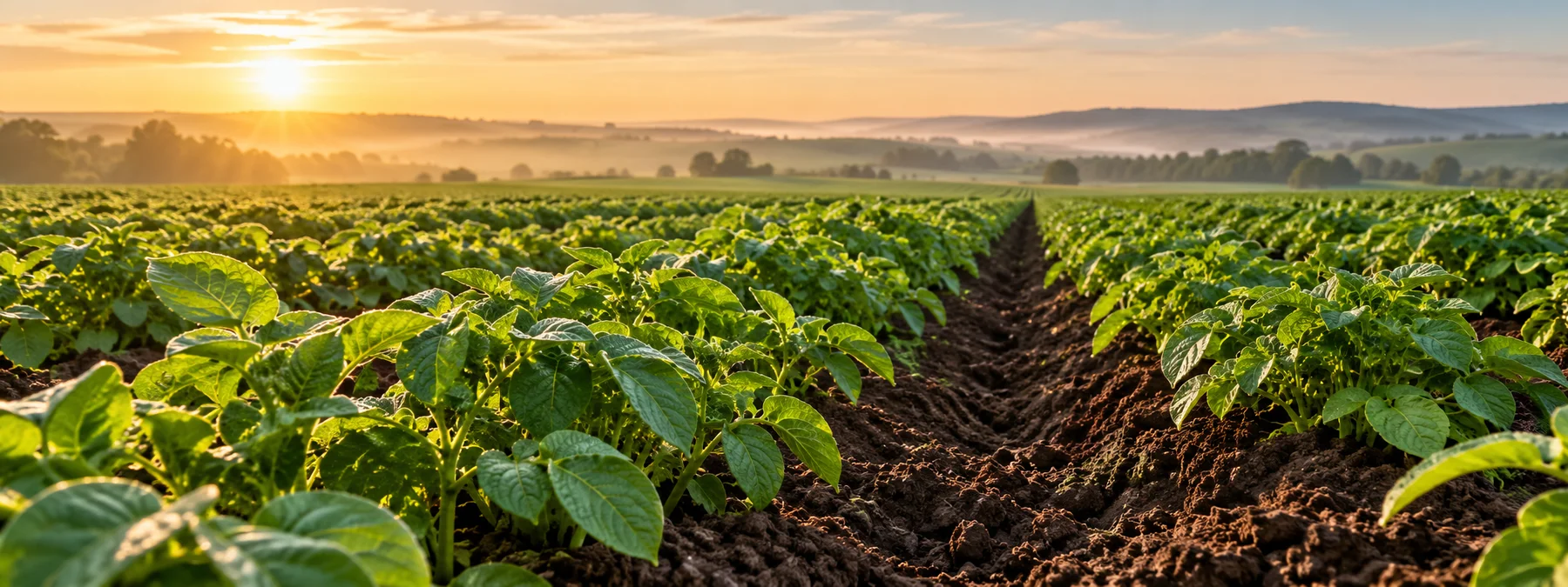 Illustrative potato plants in rows in warm morning light